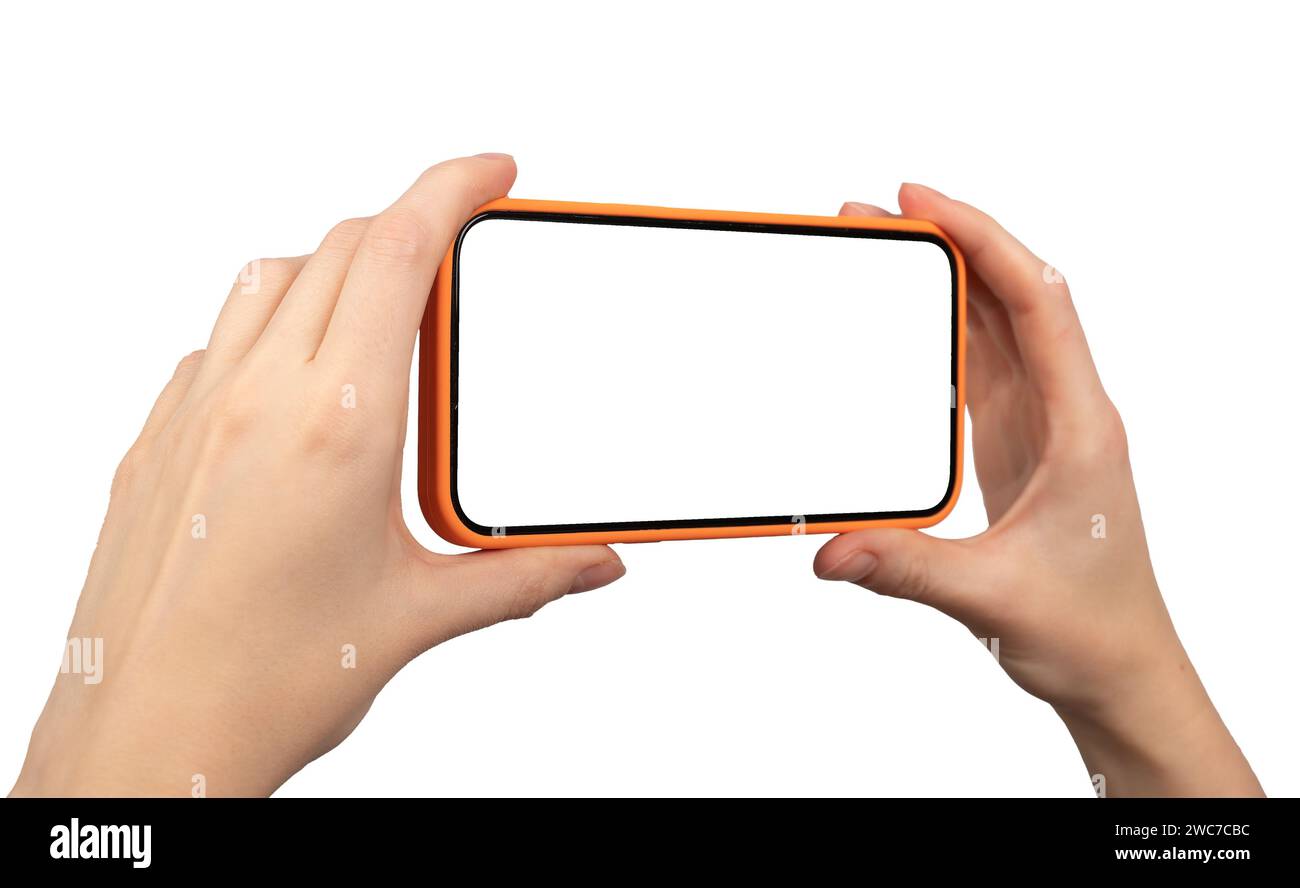 Mani che reggono il mockup dello schermo, il mock-up del display orizzontale del telefono isolato su bianco Foto Stock