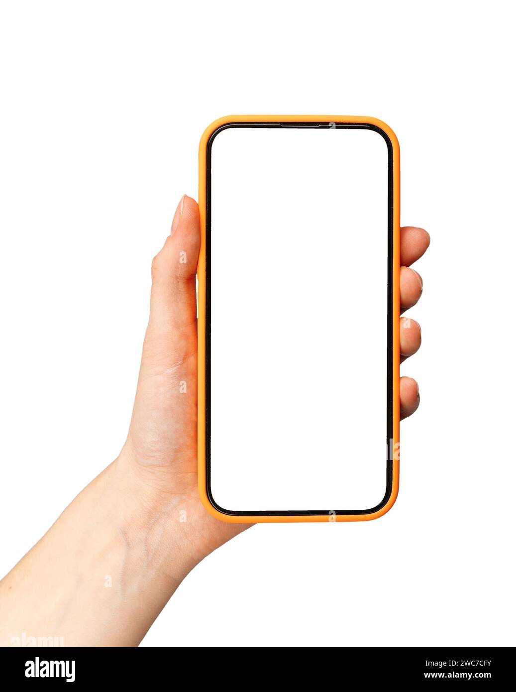 Mockup dello schermo del telefono cellulare in caso. Il display dello smartphone che tiene la mano è isolato su bianco Foto Stock