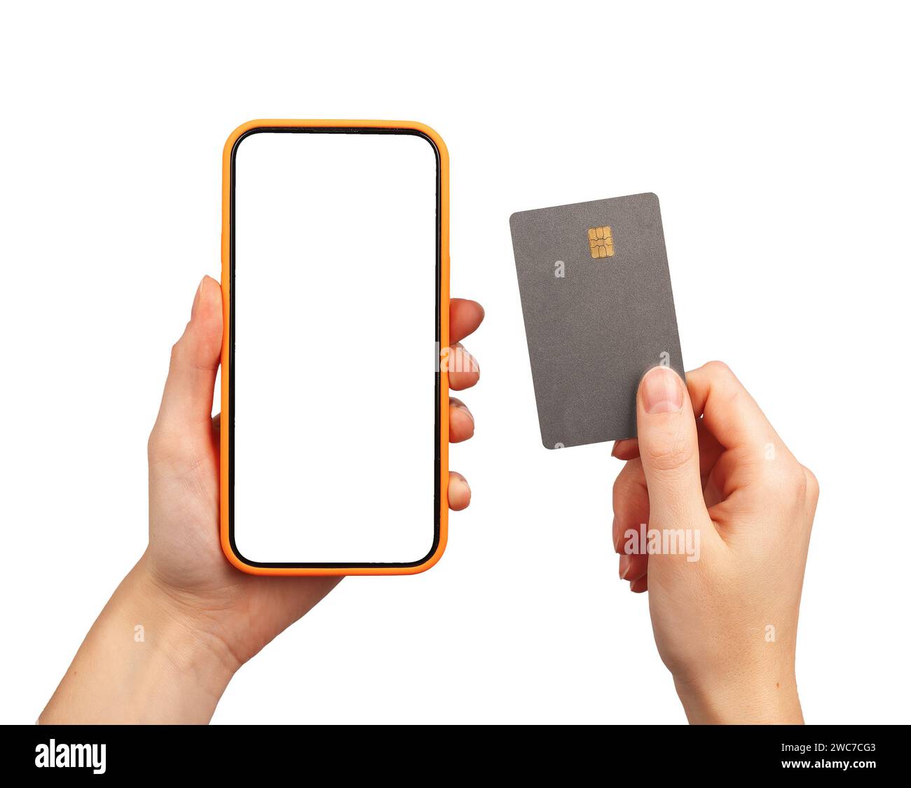 Mockup dello schermo del telefono cellulare, pagamento con app bancaria, carta di debito in plastica isolata su sfondo bianco Foto Stock