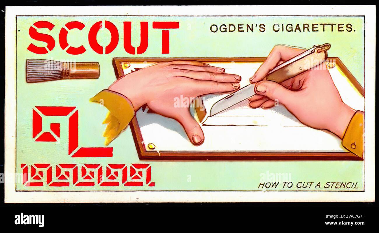 Boy Scouts - creazione di uno stencil - illustrazione di una carta da sigarette d'epoca Foto Stock