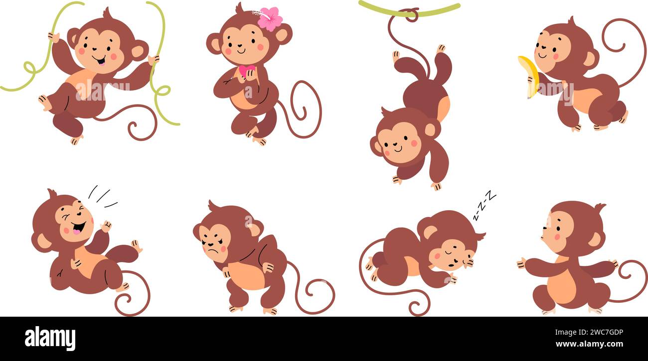 Cartoni animati scimmia. Scimmie esotiche pose ed emozioni diverse. Animali selvatici tropicali, divertenti primati isolati. Set vettoriale di animali della foresta pluviale Illustrazione Vettoriale