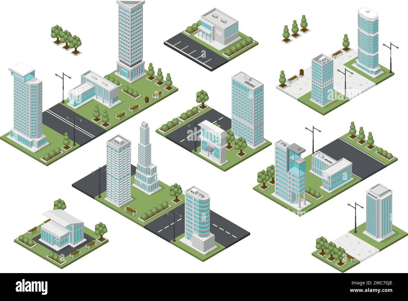 Moduli città isometrici. Sobborghi moderni, piano di costruzione urbano. Vari quartieri con parchi e zone pubbliche, progetti di architettura vettoriale impeccabile Illustrazione Vettoriale