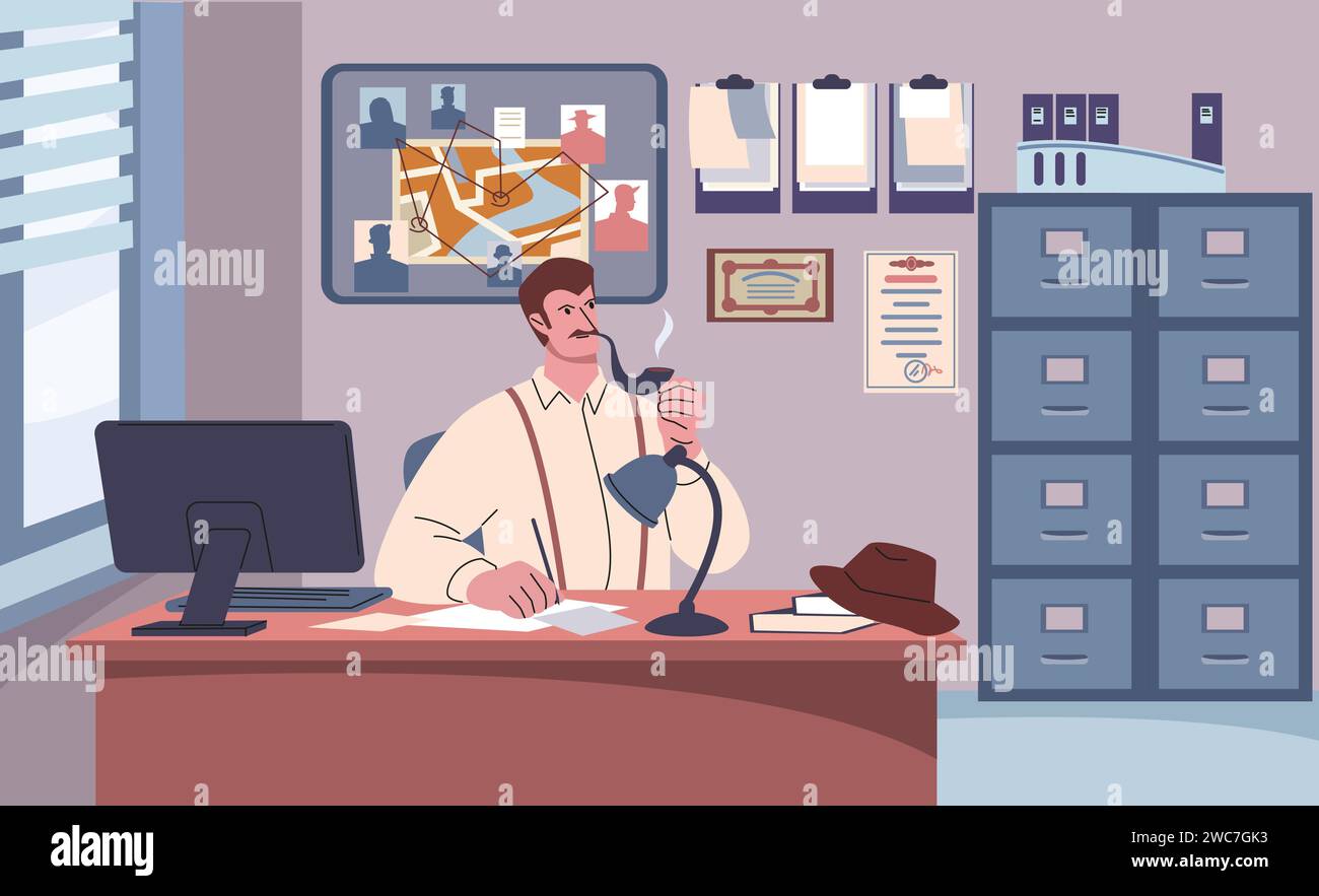 Detective al lavoro in ufficio. Un agente privato o di polizia sul posto di lavoro indaga e pensa alle prove. Attento investigatore Kicky Vector Illustrazione Vettoriale