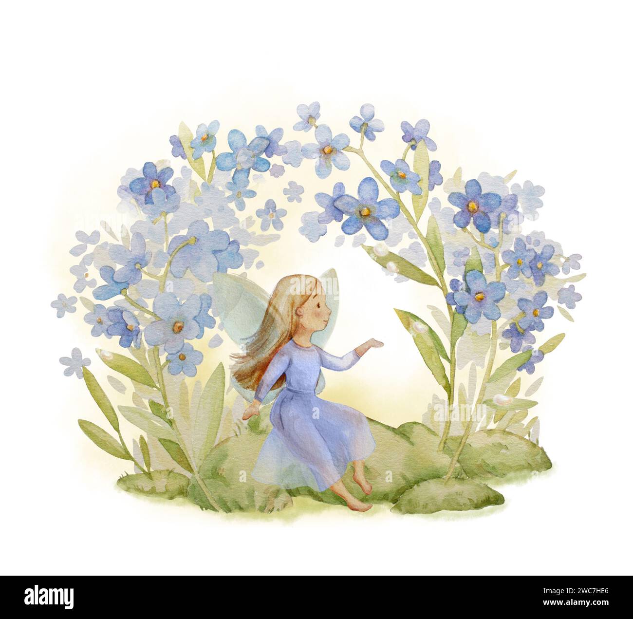 Dimenticami, non Fairy Illustration. Garden Fairy Wall Art Dimentica me non Kids Print. Stampa per bambini Nursery Fairy Foto Stock