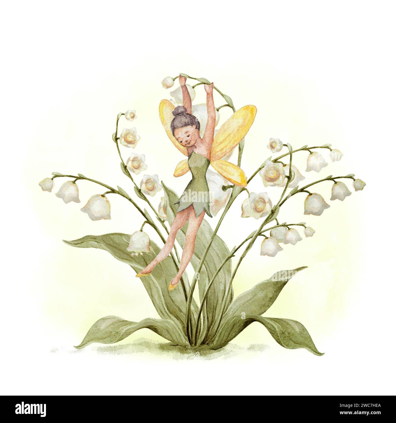 Lily of the Valley Fairy Watercolor Nursery Print. Carina illustrazione delle fate Giglio della Valle. Decorazioni per bambini in fiore in bianco e verde Foto Stock