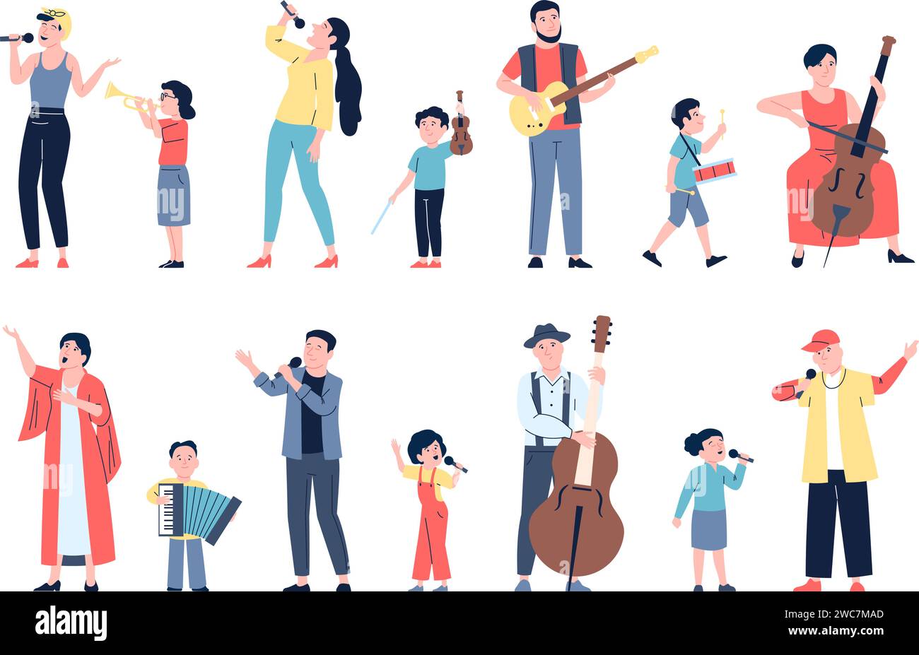 Musicisti di età diversa. Bambini e adulti suonano strumenti musicali e cantano. Lezioni musicali, sviluppo creativo personaggi vettoriali recenti Illustrazione Vettoriale