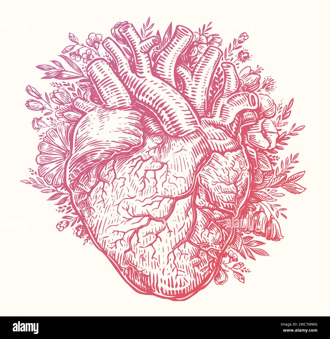 Cuore nei fiori. San Valentino in stile vintage. Illustrazione del vettore di schizzo disegnato a mano Illustrazione Vettoriale