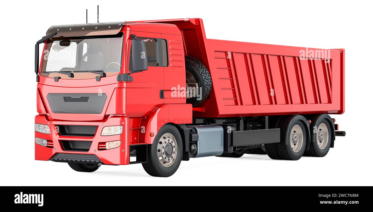 Dumper ribaltabile rosso, dumper ribaltabile. Rendering 3D isolato su sfondo bianco Foto Stock