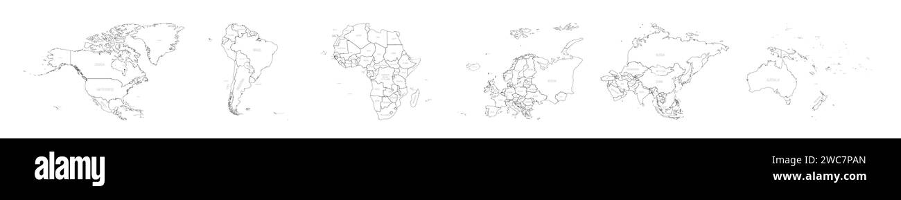 Set di sei mappe continentali del mondo in una fila: Nord America, Sud America, Africa, Europa, Asia e Australia. Mappa vettoriale con contorno nero sottile con etichette per i nomi dei paesi Illustrazione Vettoriale