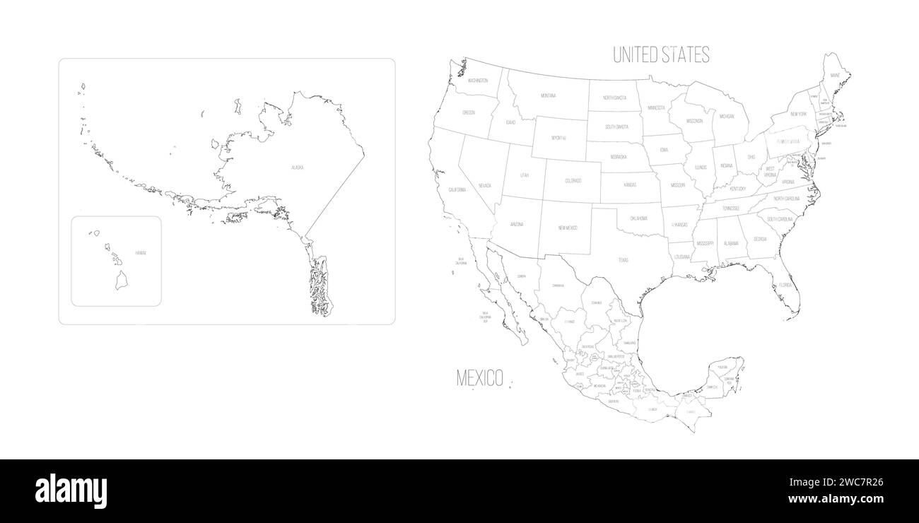 Mappa politica degli Stati Uniti e del Messico con divisioni amministrative. Mappa nera sottile con etichette dei nomi dei paesi e degli stati. Illustrazione vettoriale Illustrazione Vettoriale