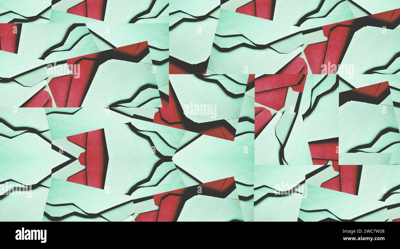 Sfondo artistico di strati testurizzati di scatole di cartone aperte. Manipolazione delle immagini. Sfondo monocromatico, spazio di copia. Imballaggi sostenibili Foto Stock