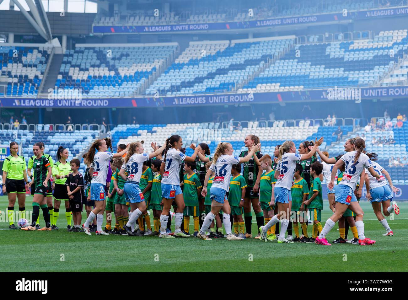 Sydney, Australia. 14 gennaio 2024. I giocatori del Sydney FC stringono la mano ai giocatori del Western United prima della partita RD12 femminile A-League tra Western United e Sydney FC all'Allianz Stadium il 14 gennaio 2024 a Sydney, Australia Credit: IOIO IMAGES/Alamy Live News Foto Stock