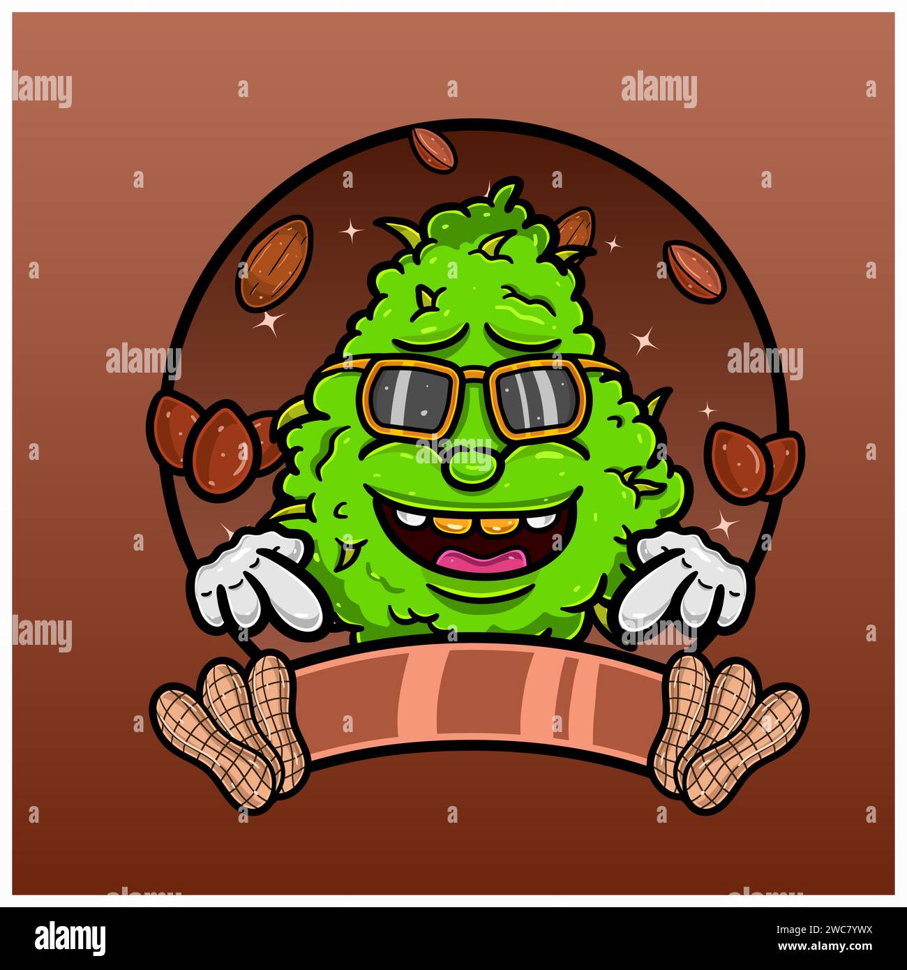 Sapore di nocciola con cartone animato Weed Mascot. Progettazione di piante infestanti per prodotti con logo, etichette e imballaggi. Vettore e illustrazione. Illustrazione Vettoriale
