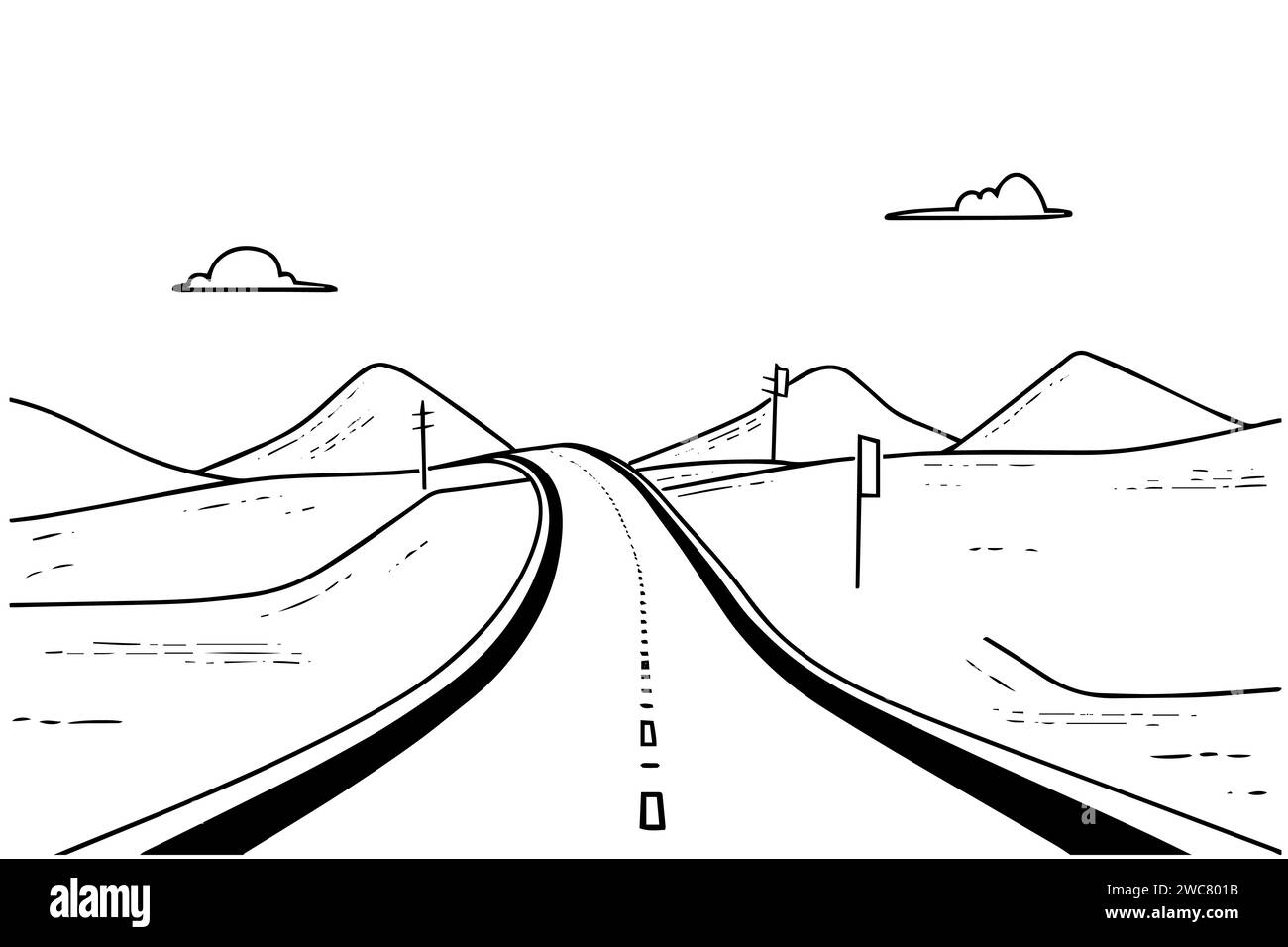 Strada desertica disegnata a mano con inchiostro paesaggio autostradale. Illustrazione vettoriale incisa. Illustrazione Vettoriale