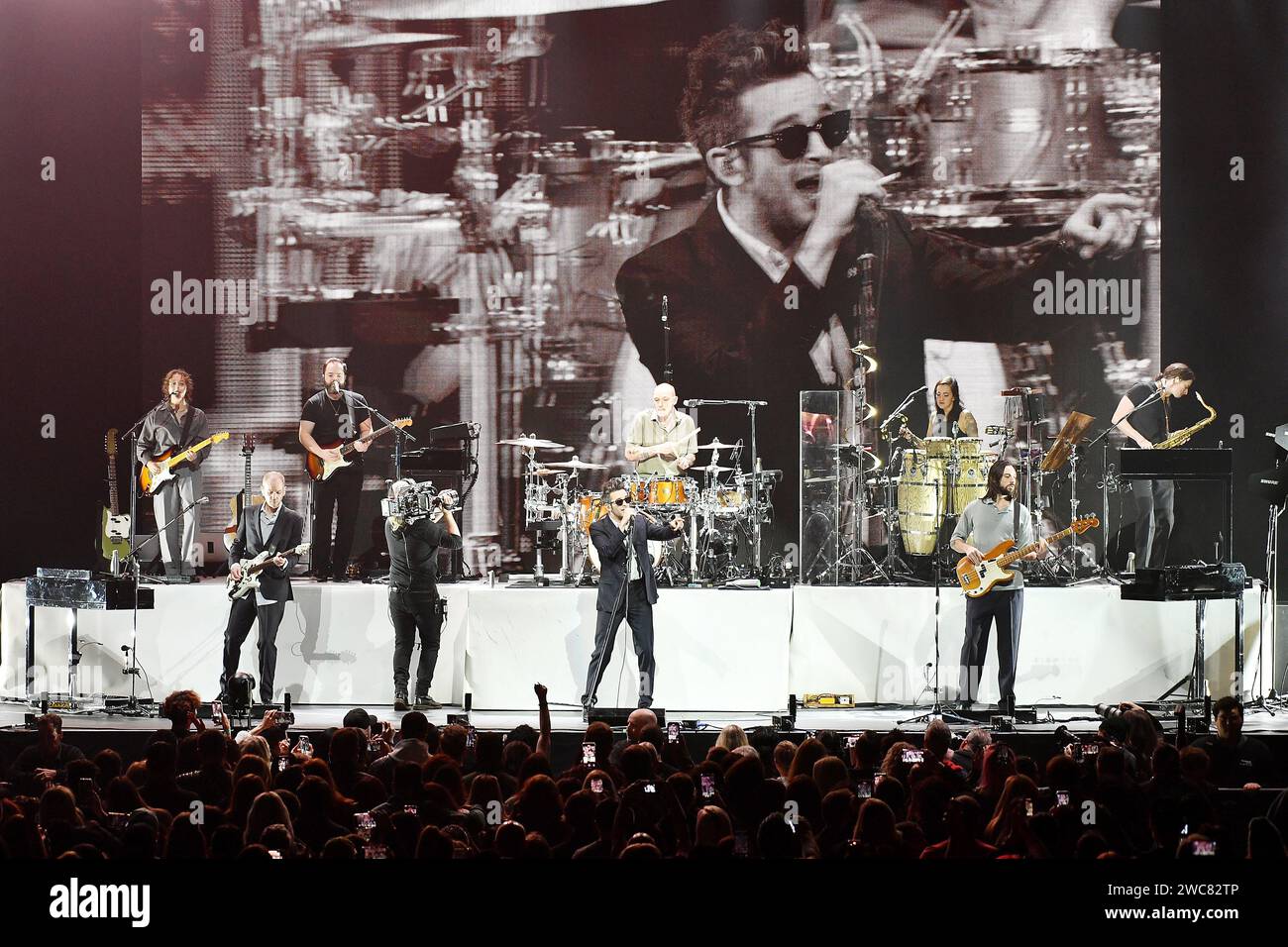 Anaheim, USA. 14 gennaio 2024. The 1975 - Adam Hann, George Daniel, Matty Healy e Ross MacDonald/Sipa USA Credit: SIPA USA/Alamy Live News Foto Stock