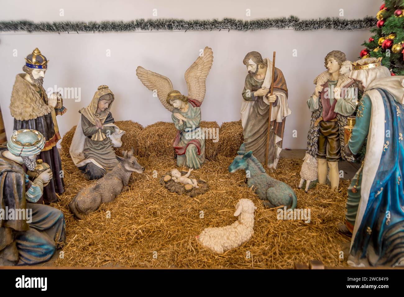 Il presepe e il creche della Chiesa della Natività, luogo di nascita di Gesù Cristo, a Betlemme, Cisgiordania, Palestina. Foto Stock