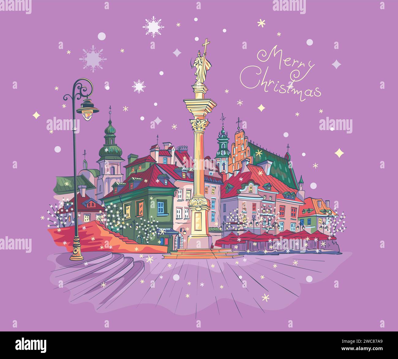 Biglietto di Natale Vector con Piazza del Castello nella città vecchia di Varsavia, Polonia. Illustrazione Vettoriale