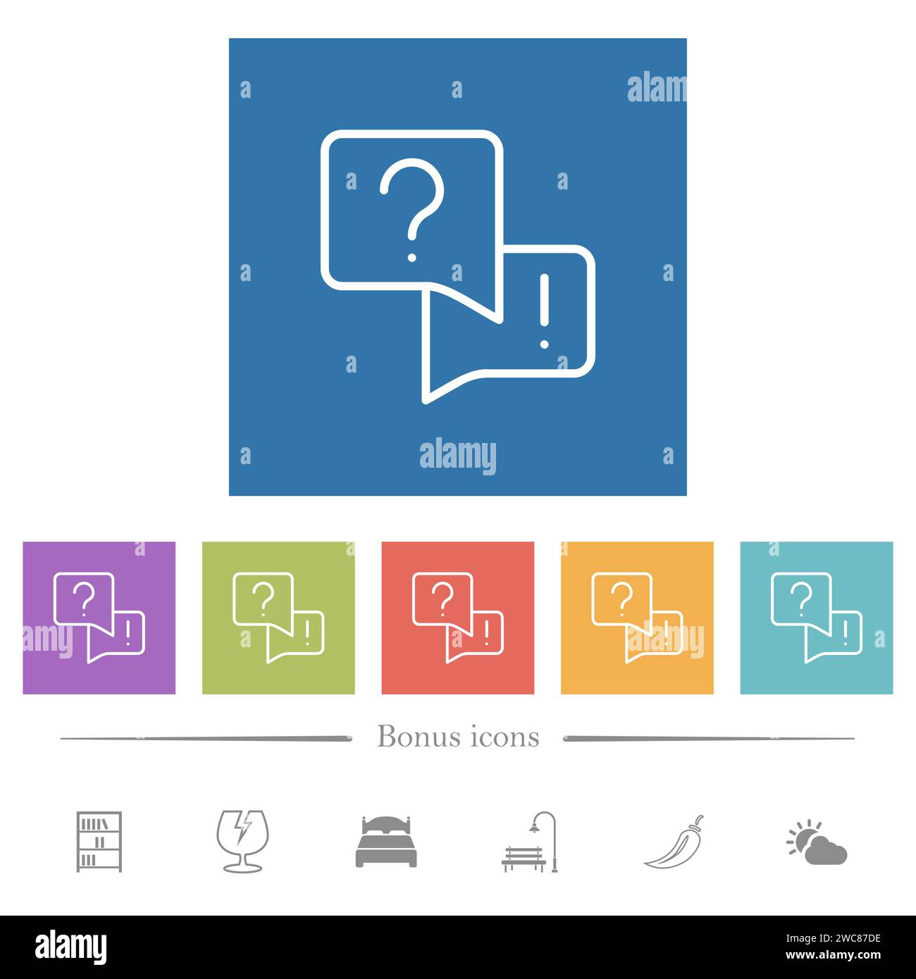 Le domande frequenti delineano icone bianche piatte su sfondi quadrati. 6 icone bonus incluse. Illustrazione Vettoriale