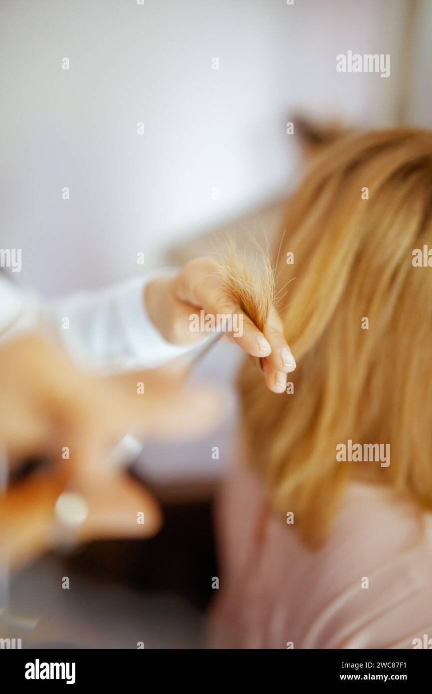 Primo piano sul dipendente del salone di parrucchiere in un moderno studio di parrucchiere con forbici e clienti che tagliano i capelli. Foto Stock