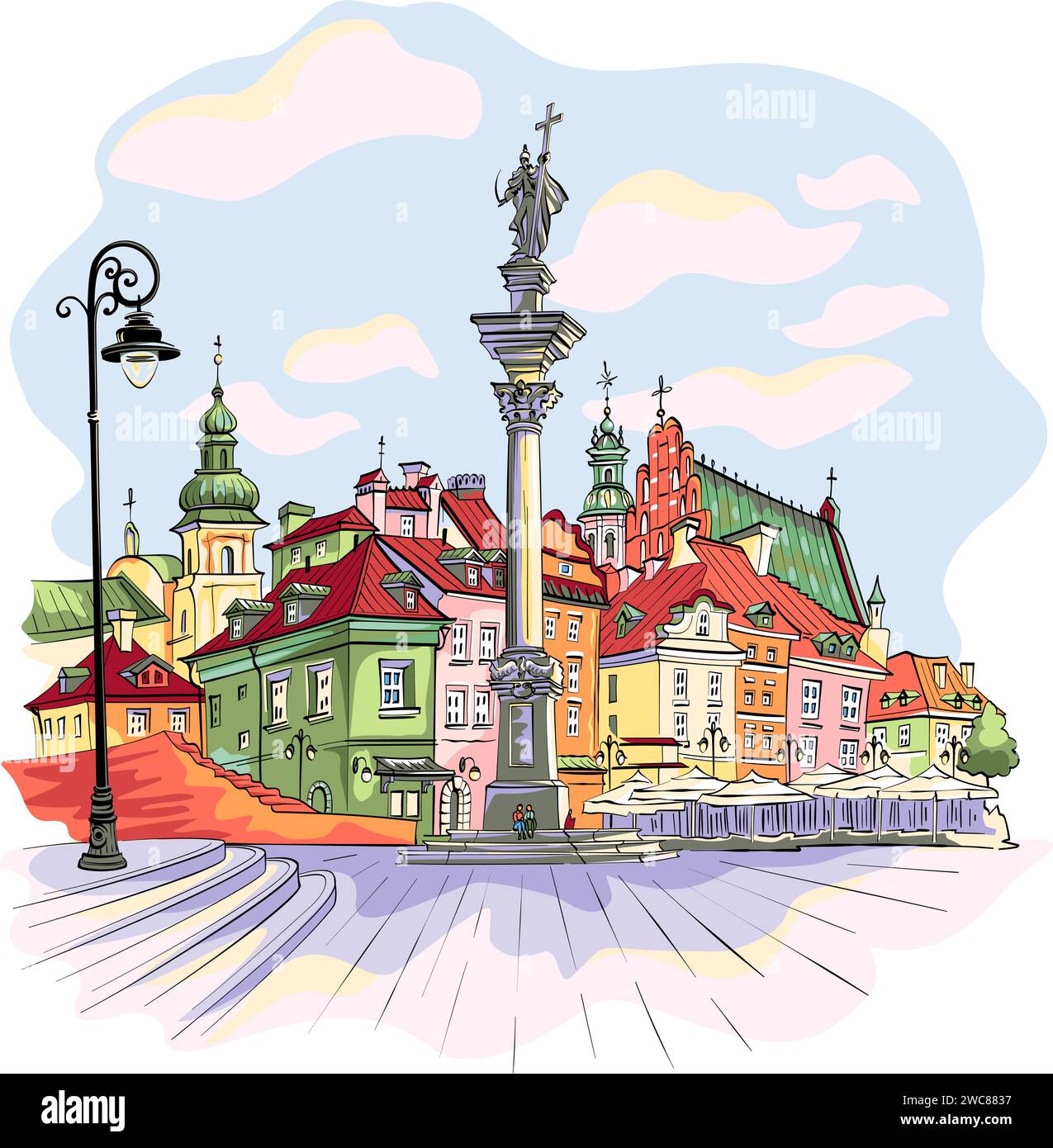 Schizzo vettoriale a colori di Piazza del Castello nella città vecchia di Varsavia, Polonia. Illustrazione Vettoriale