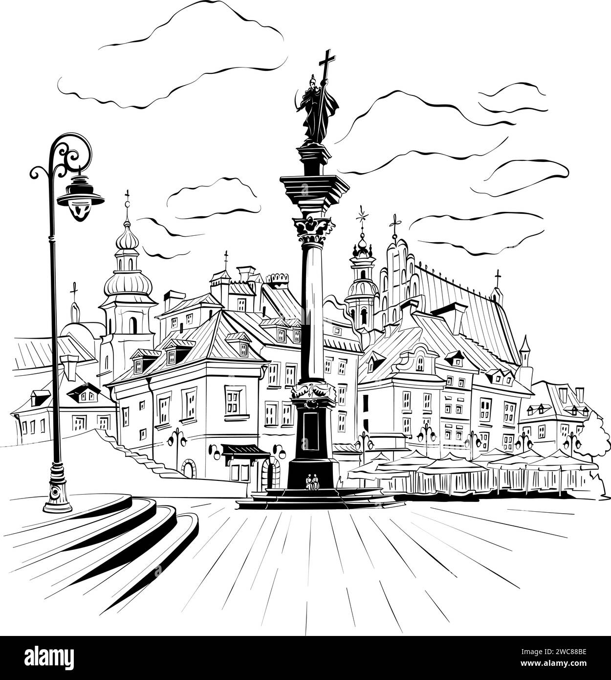 Schizzo vettoriale in bianco e nero di Piazza del Castello nella città vecchia di Varsavia, Polonia. Illustrazione Vettoriale