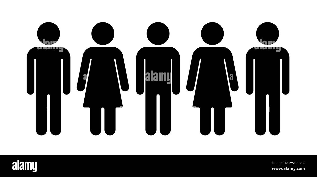 Uomo di gruppo donna. Icone nere vettoriali infografiche umane a sei righe. Illustrazione del simbolo di gruppo per sei persone. Illustrazione Vettoriale