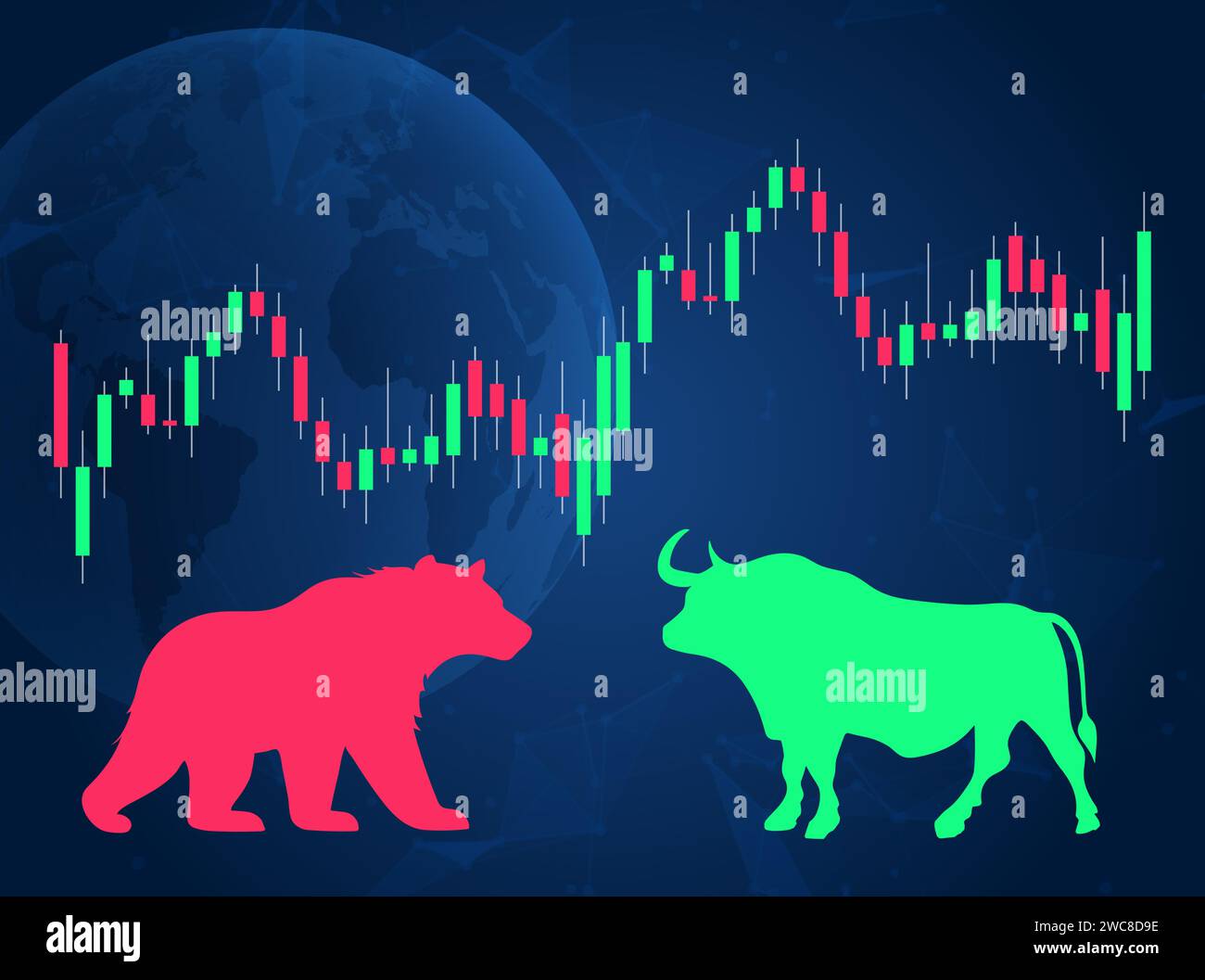 Progettazione di borsa Bull Bear Market. Rialzista forex ribassista mercato broker tendenza contesto economico. Illustrazione Vettoriale