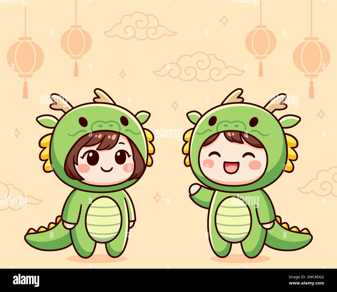 Bambini Kawaii in costumi da drago verde. Biglietto d'auguri per capodanno cinese per bambini e ragazze. Carino disegno di clip art vettoriale dei cartoni animati. Illustrazione Vettoriale
