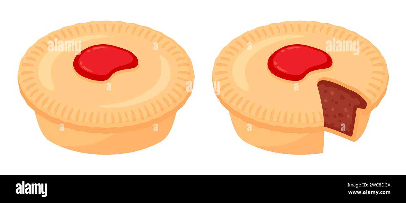 Cartone animato disegno di torta di carne australiana. Torta tradizionale con ripieno di carne macinata di manzo, intera e tagliata. Illustrazione grafica vettoriale isolata. Illustrazione Vettoriale