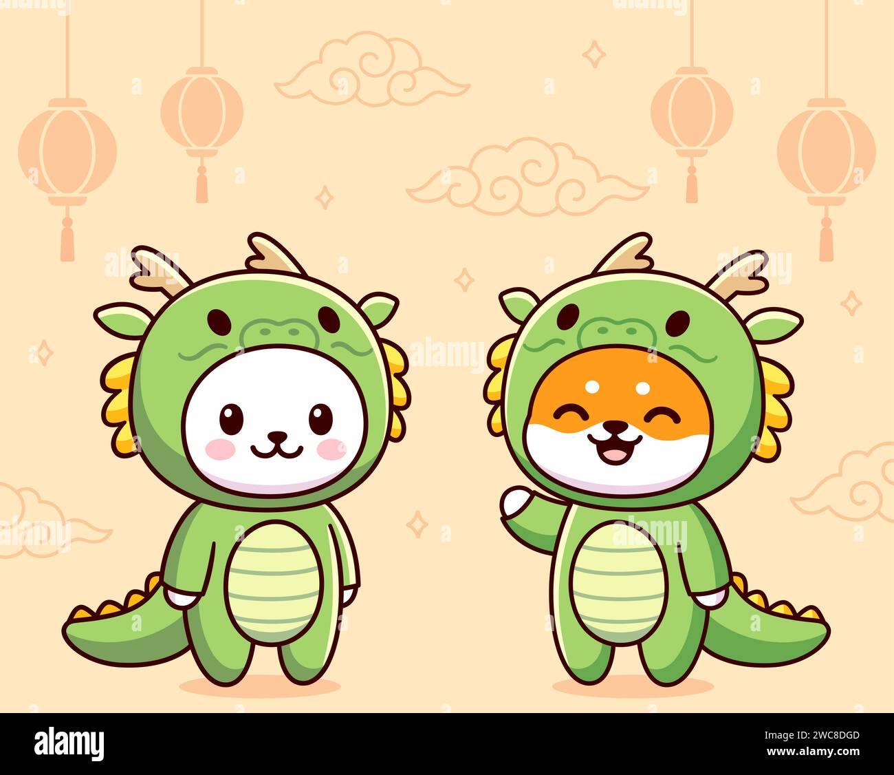Gatto e cane Kawaii in costumi da drago verde. Biglietto d'auguri per Capodanno cinese. Carino disegno di clip art vettoriale dei cartoni animati. Illustrazione Vettoriale