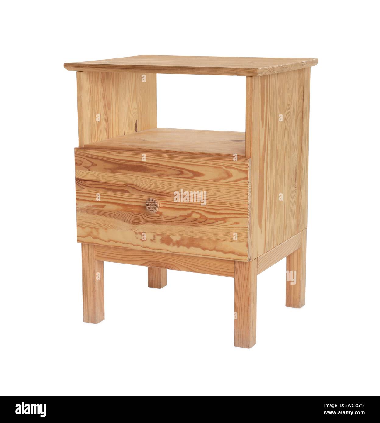 Elegante comodino in legno isolato su bianco Foto Stock Elegante comodino in legno isolato su bianco Foto Stock
