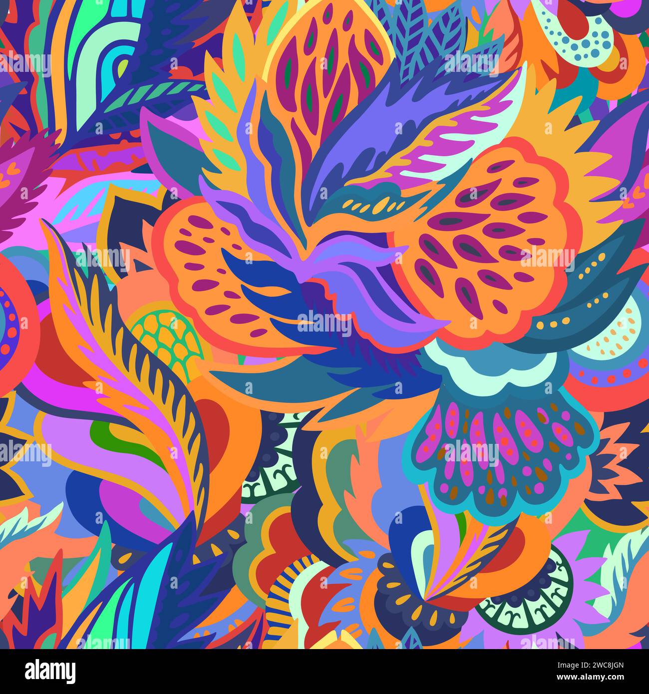Colorato motivo psichedelico ornamentale. Texture originale con forme organiche astratte e colorate. Illustrazione vettoriale. Illustrazione Vettoriale