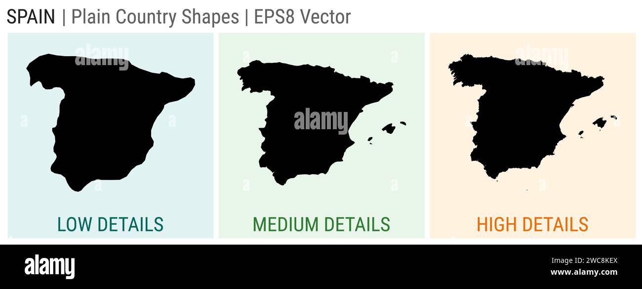 Spagna - forma semplice di campagna. Mappe dettagliate bassa, media e alta della Spagna. Illustrazione del vettore EPS8. Illustrazione Vettoriale
