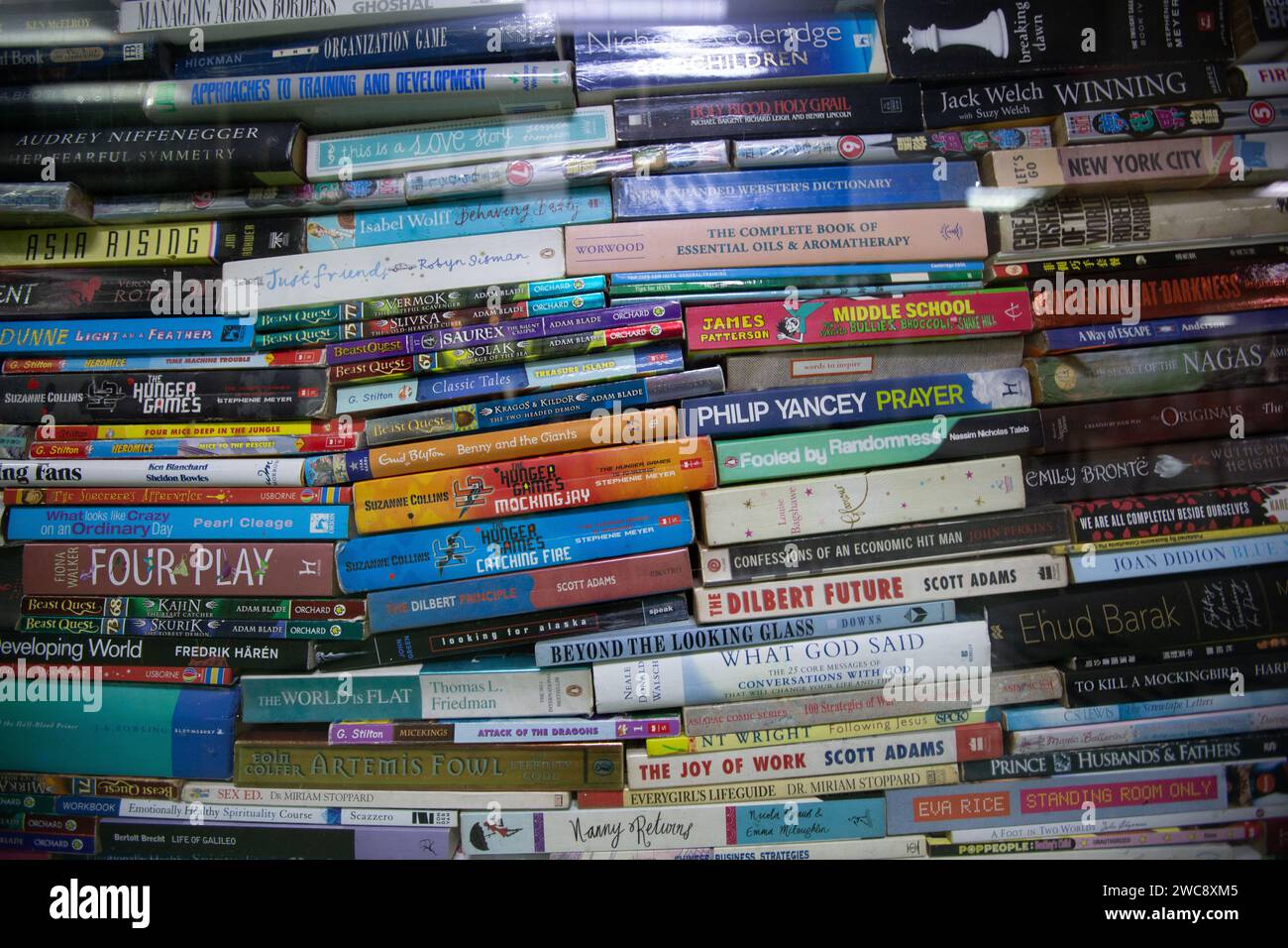 Una pila di libri usati con rilegatura morbida e rigida impilati su una finestra trasparente esposta all'interno di una libreria di seconda mano. Foto Stock