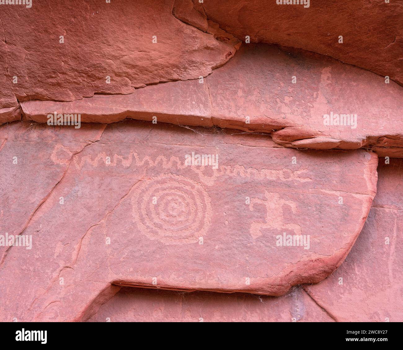 Antiche incisioni rupestri nel parco nazionale di Zion, Utah Foto Stock