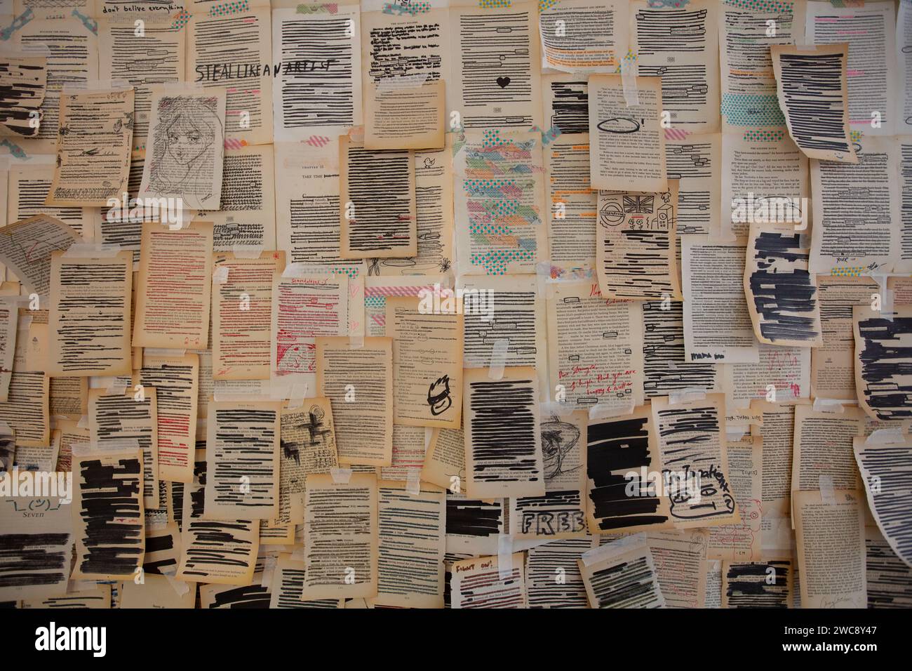 Poesia blackout. Muro incollato con pagine del libro, eliminando le parole che non desideri finché le parole o le frasi desiderate non rimangono per esigenze personali. Foto Stock