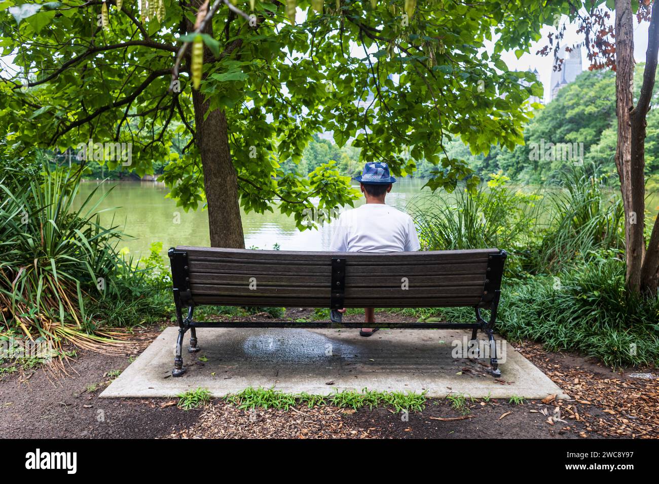 Un uomo non identificato siede su una panchina del parco e guarda tranquillamente un lago in un parco di Atlanta. Foto Stock