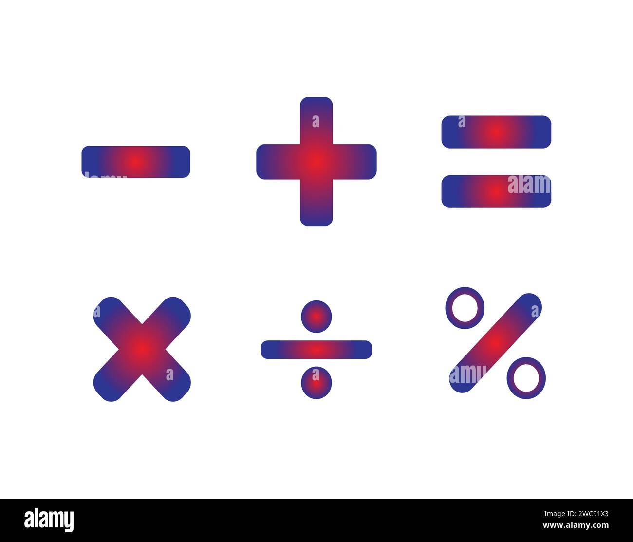 Simboli della calcolatrice aritmetica matematica. Più, meno, uguale, percentuale, moltiplicazione e divisione. Adesivo del logo dell'icona del pulsante isolato modificabile. Illustrazione Vettoriale