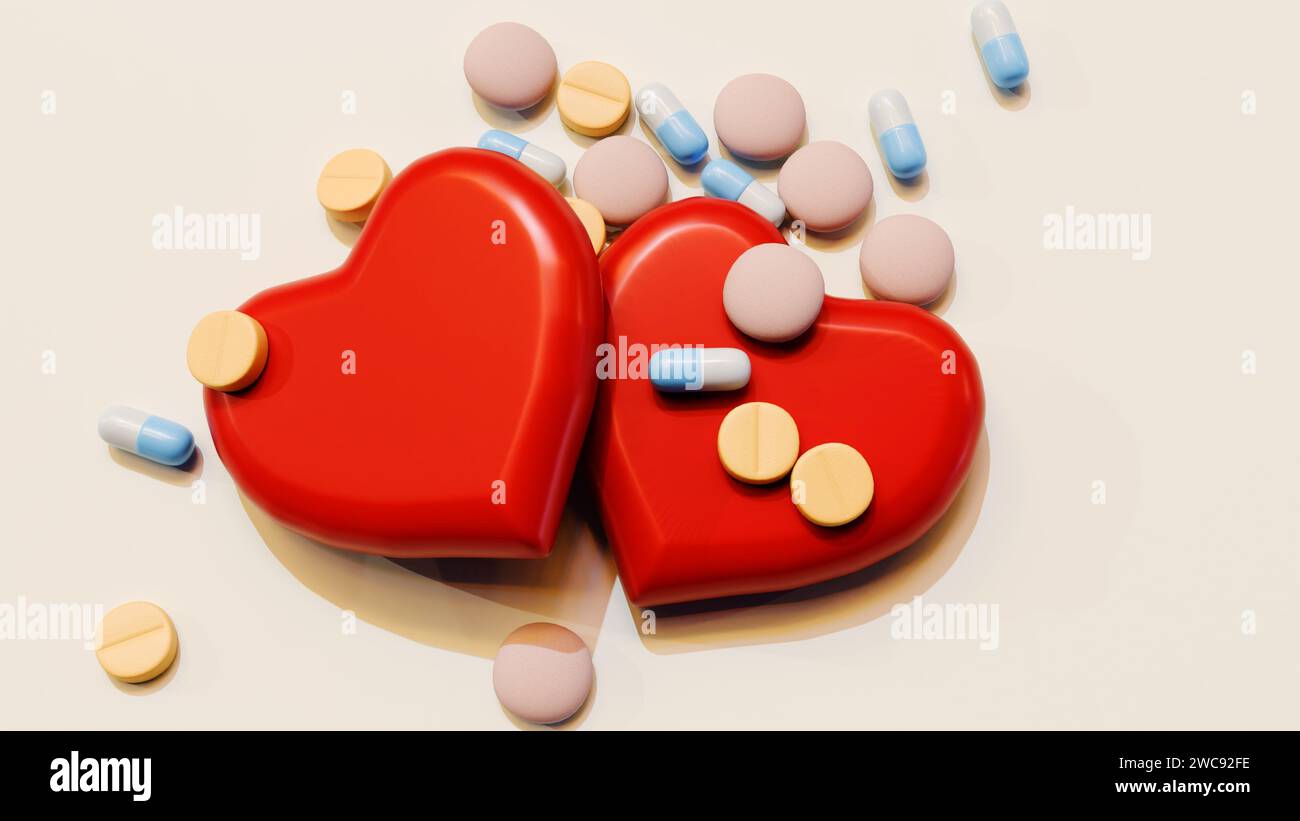 Un rendering 3D di un cuore rosso frantumato, circondato da una caotica proliferazione di farmaci, Foto Stock