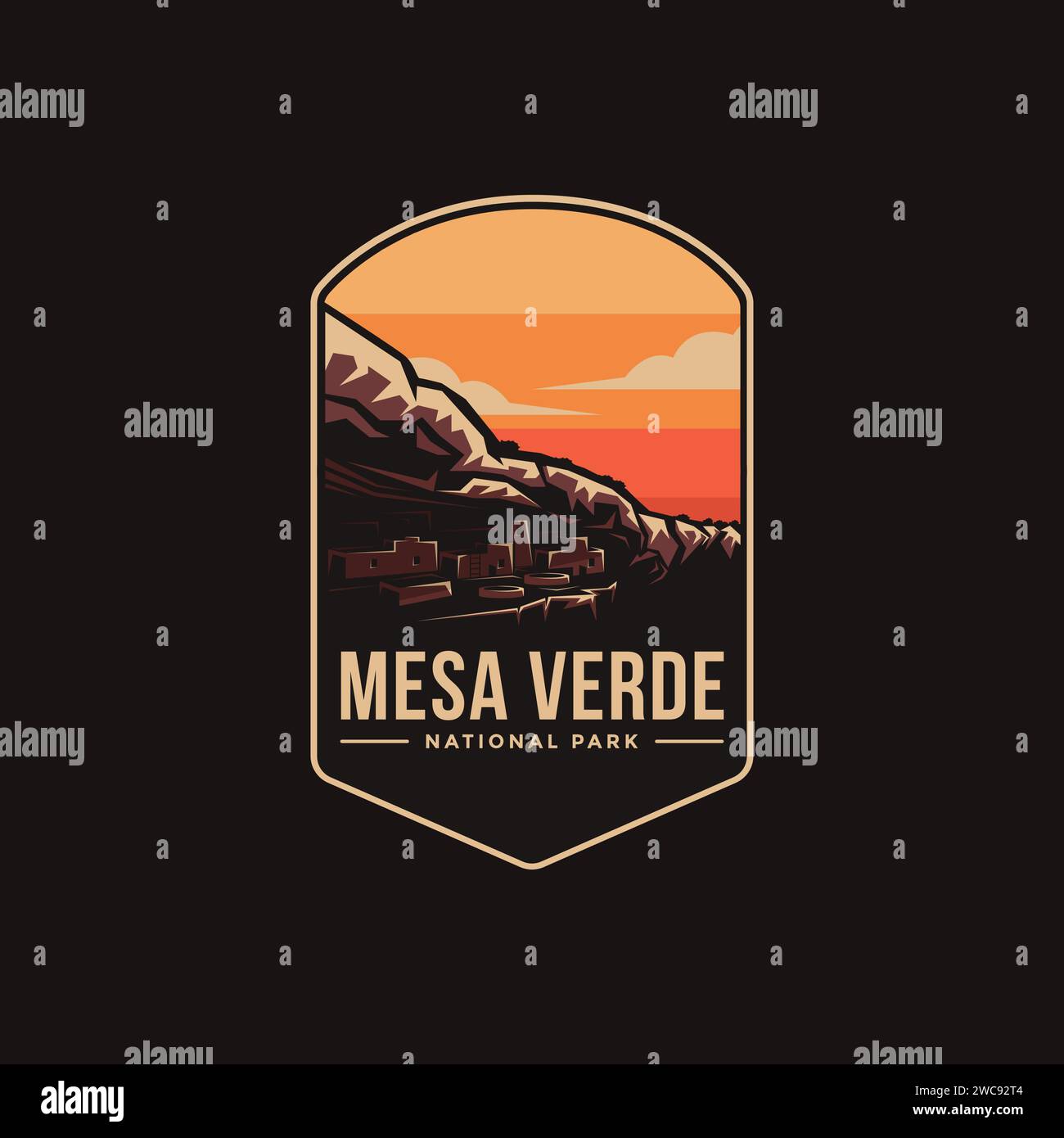 Immagine con logo emblema del Parco Nazionale di Mesa Verde su sfondo scuro Illustrazione Vettoriale