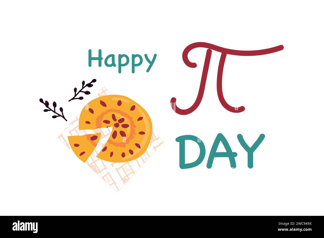 Biglietto per festeggiare il Pi Day con torta e simbolo pi. Illustrazione vettoriale isolata. Può essere utilizzato per banner o biglietti di auguri nazionali pi Day. Illustrazione Vettoriale