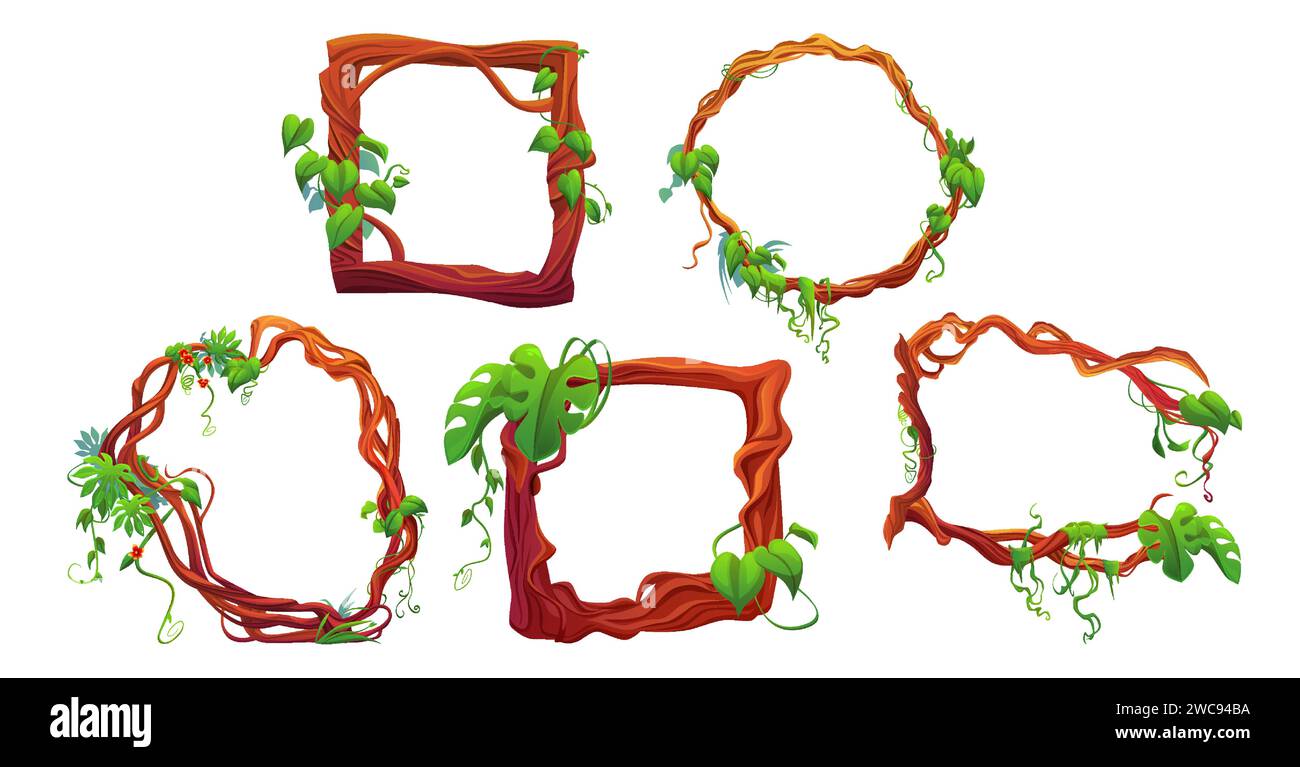 Jungle liana vigne striscianti con foglie e fiori formati in cornici rettangolari e circolari per il design dell'interfaccia utente del gioco. Set vettoriale di bordi dei cartoni animati realizzati con rami di piante della foresta pluviale con vegetazione tropicale. Illustrazione Vettoriale