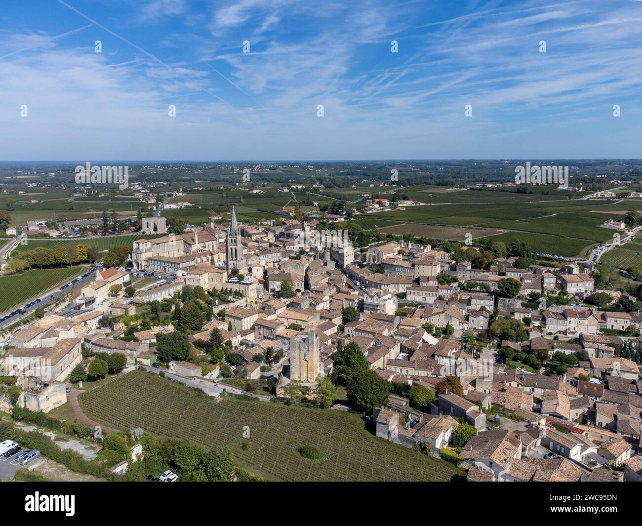 Vedute aeree dei verdi vigneti, delle vecchie case e delle strette strade collinari della città medievale di St Emilion, produzione di vino rosso Bordeaux su vigneti di classe cru Foto Stock