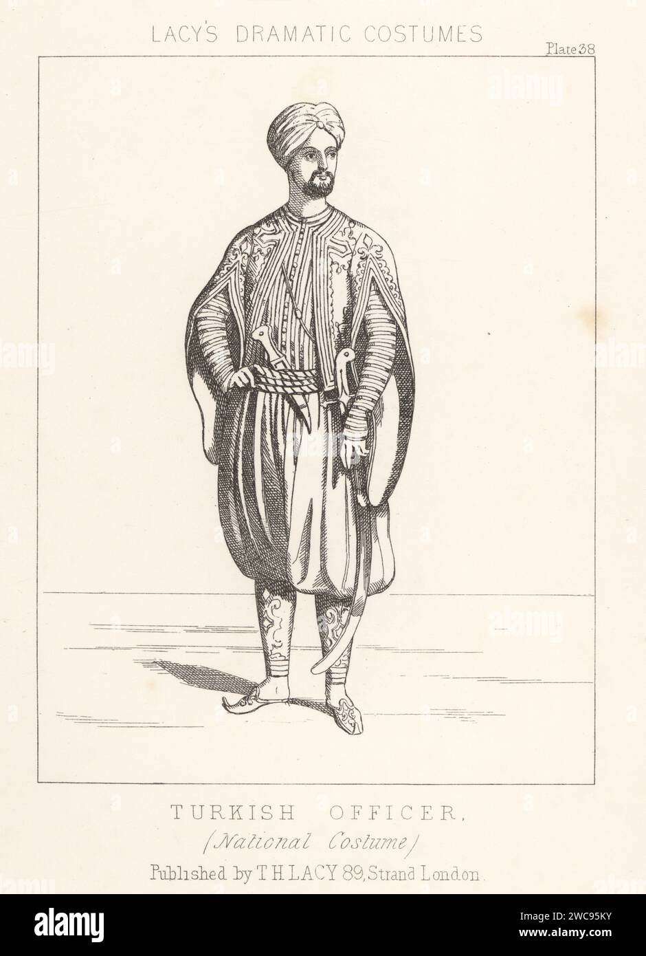 Uniforme di un ufficiale turco, XIX secolo. Con turbante, giacca, pantaloni salvar, pantofole, pugnale e scimitar. Costume nazionale. Litografia da Thomas Hailes Lacy's male Costumes, Historical, National and Dramatic in 200 Plates, Londra, 1865. Lacy (1809-1873) è stato un attore, drammaturgo, direttore teatrale ed editore britannico. Foto Stock