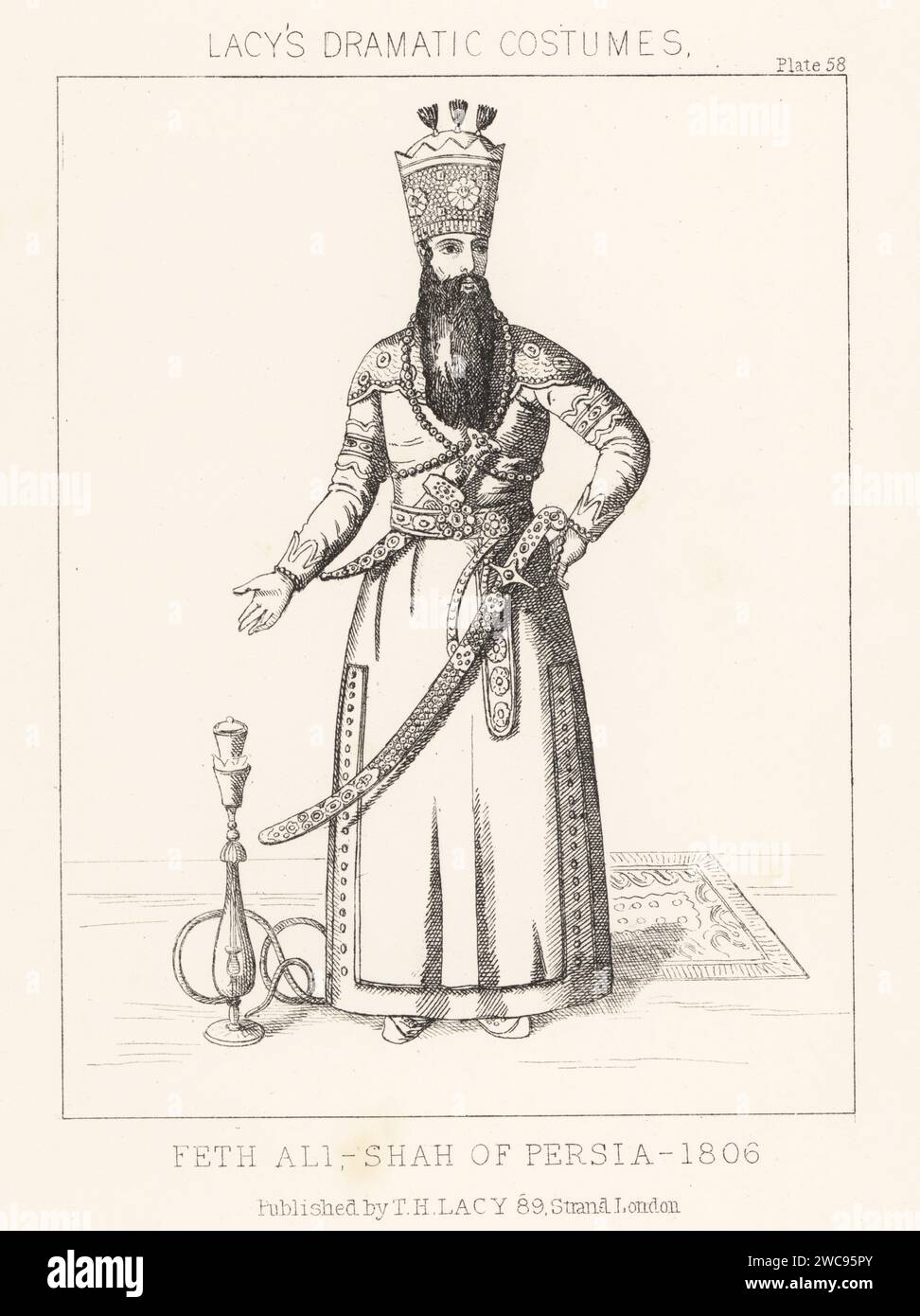 Fath-Ali Shah Qajar, secondo shah di Qajar Iran, 1769-1834. A corona alta con piume d'airone nere, abito in seta ricamato, sciabola, pugnale, cintura e braccioli da bazuband, in piedi accanto a un tappeto e a una pipa di narghilè. Feth Ali, scià di Persia, 1806. Litografia da Thomas Hailes Lacy's male Costumes, Historical, National and Dramatic in 200 Plates, Londra, 1865. Lacy (1809-1873) è stato un attore, drammaturgo, direttore teatrale ed editore britannico. Foto Stock