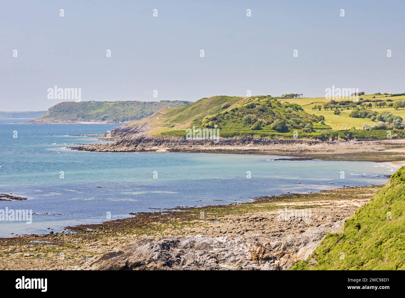 Costa di South Gower a Langland Bay, penisola di Gower, Swansea, Galles del Sud, Regno Unito Foto Stock