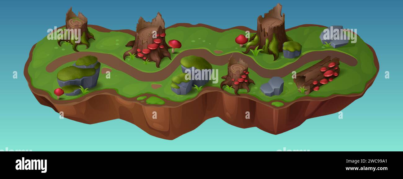 Mappa di foresta e palude con strada tra ceppi di alberi e tronchi con muschio e funghi fantasiosi. Interfaccia a livello cartoni animati con passerella passante per b Illustrazione Vettoriale