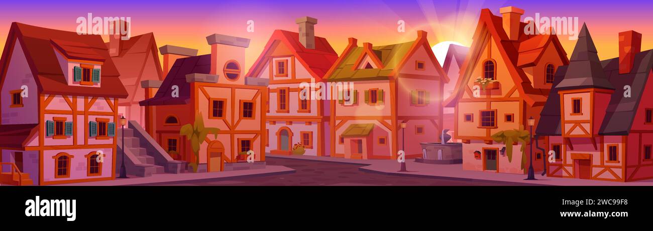 Strada medievale tedesca con case al tramonto o all'alba. Paesaggio urbano dei cartoni animati con case tradizionali della città vecchia con fachwerk in legno sotto il cielo rosa. Hal Illustrazione Vettoriale