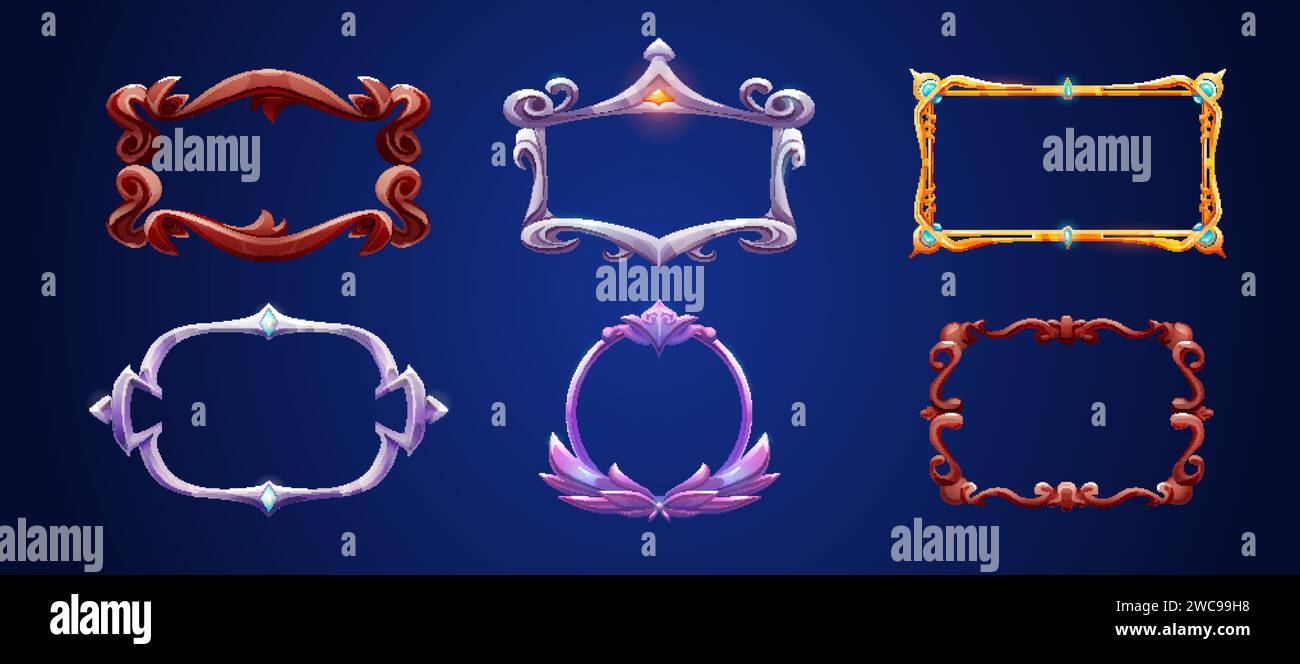 Cornice dell'interfaccia utente del gioco Fantasy decoration per l'avatar o il banner del menu. Bordo tondo e rettangolare dorato, in legno e argento con bordi arricciati. Vettore cartoon Illustrazione Vettoriale