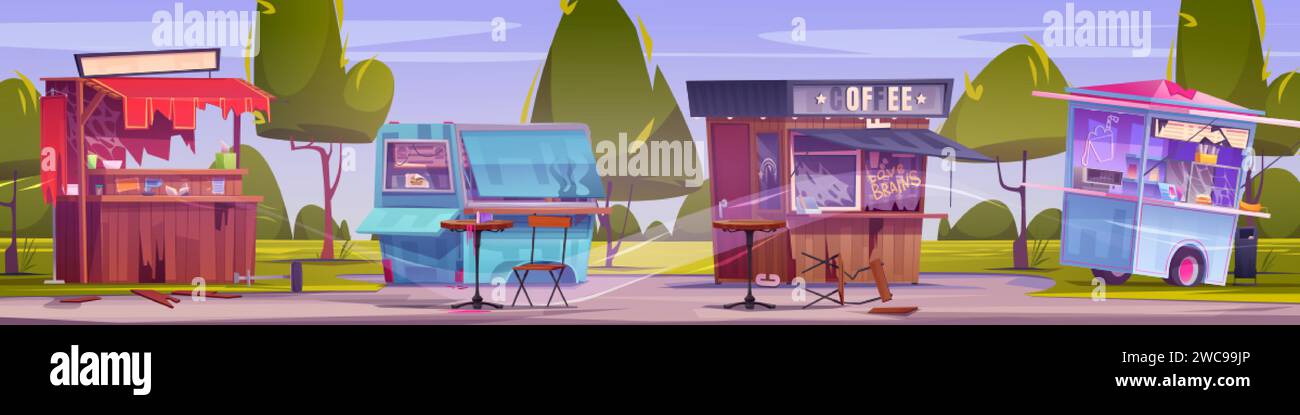 Mercato di strada con chioschi di cibo e bevande abbandonati e rotti con disordine, polvere e ragnatele. Illustrazione vettoriale dei cartoni animati di deserti chiusi e distrutti Illustrazione Vettoriale